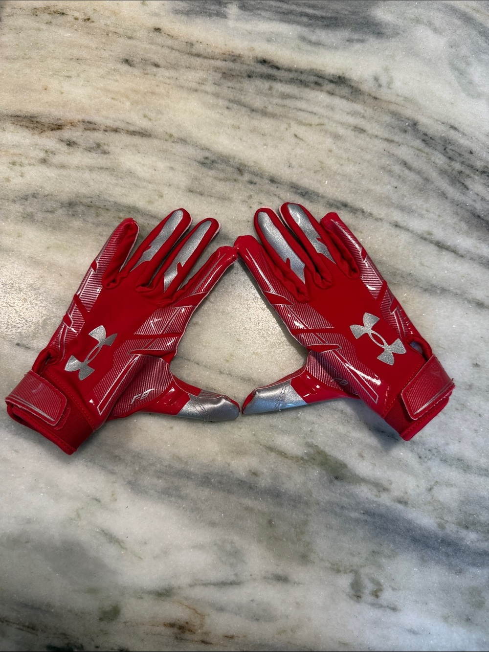 Under Armour F8 Football Gloves Red & Silver Boys YM Athletic Gloves